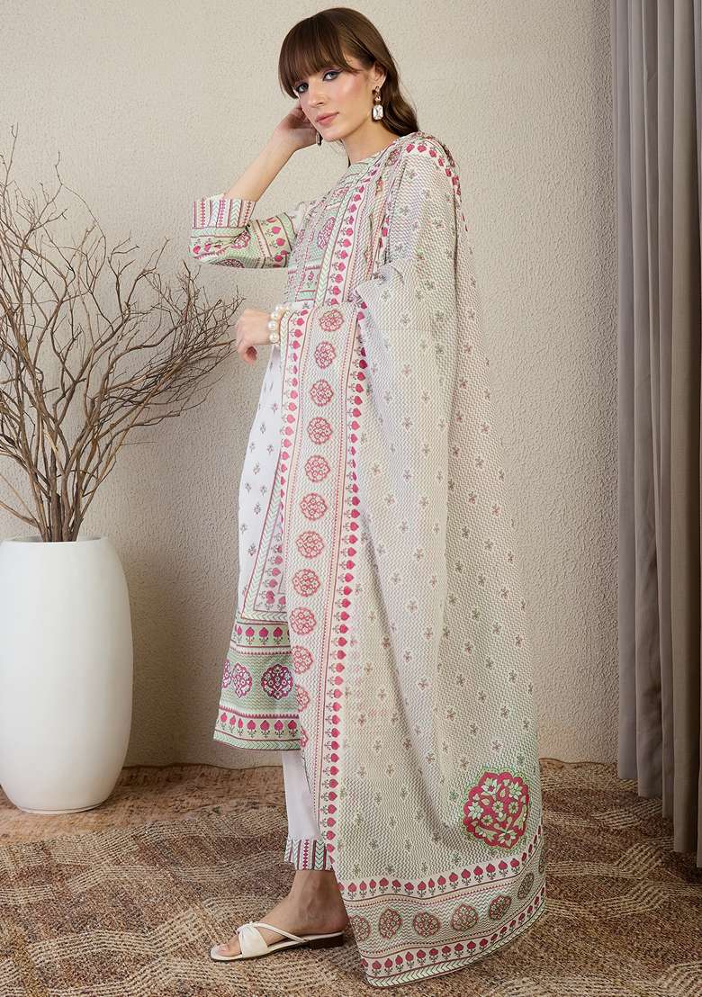 White Printed Cotton Kurta Set - Indya
