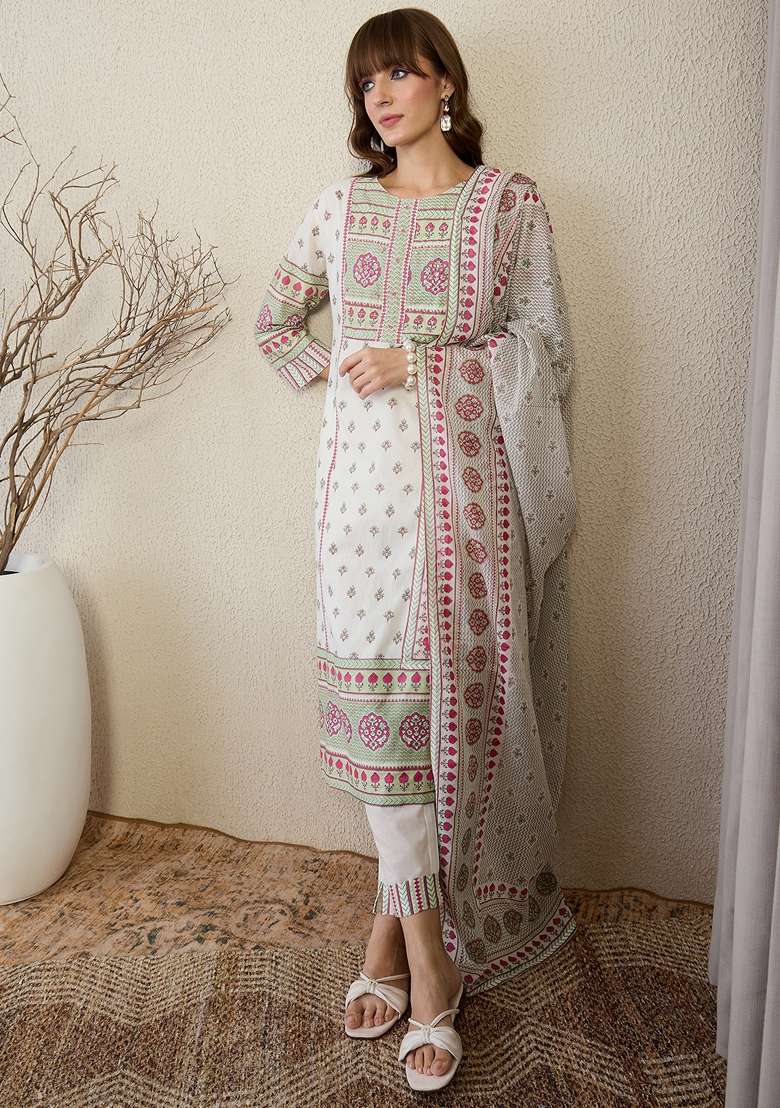 White Printed Cotton Kurta Set - Indya