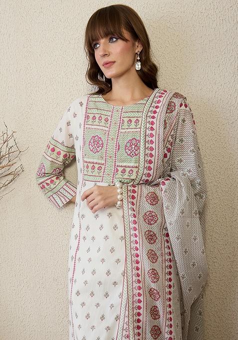 White Printed Cotton Kurta Set