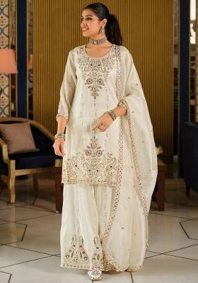 White Embroidered Silk Kurta Set