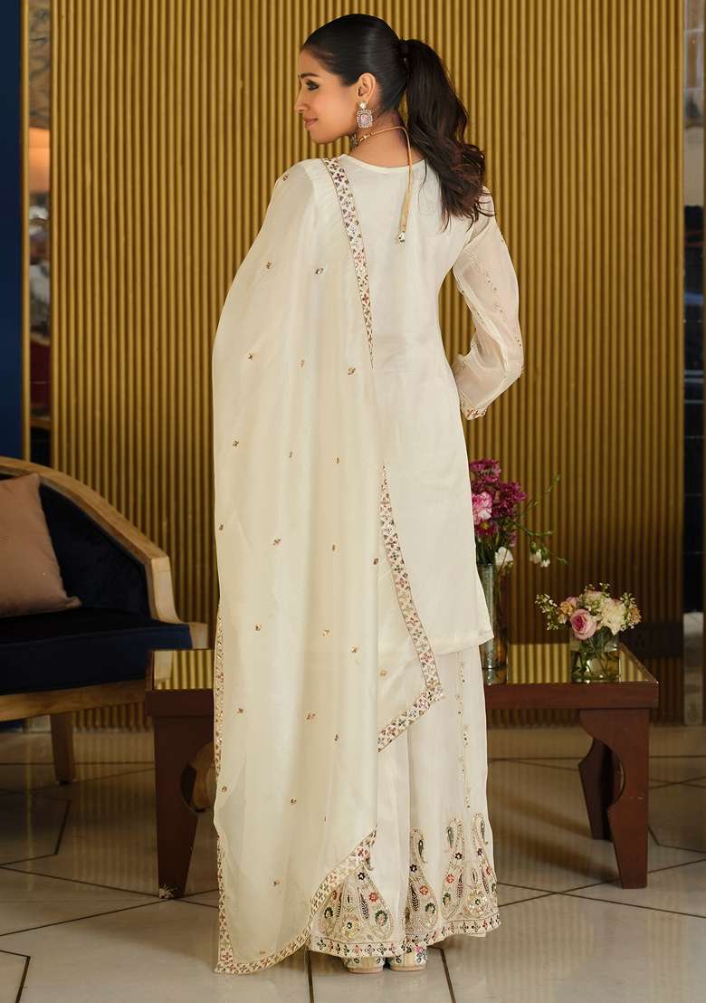 White Embroidered Silk Kurta Set - Indya