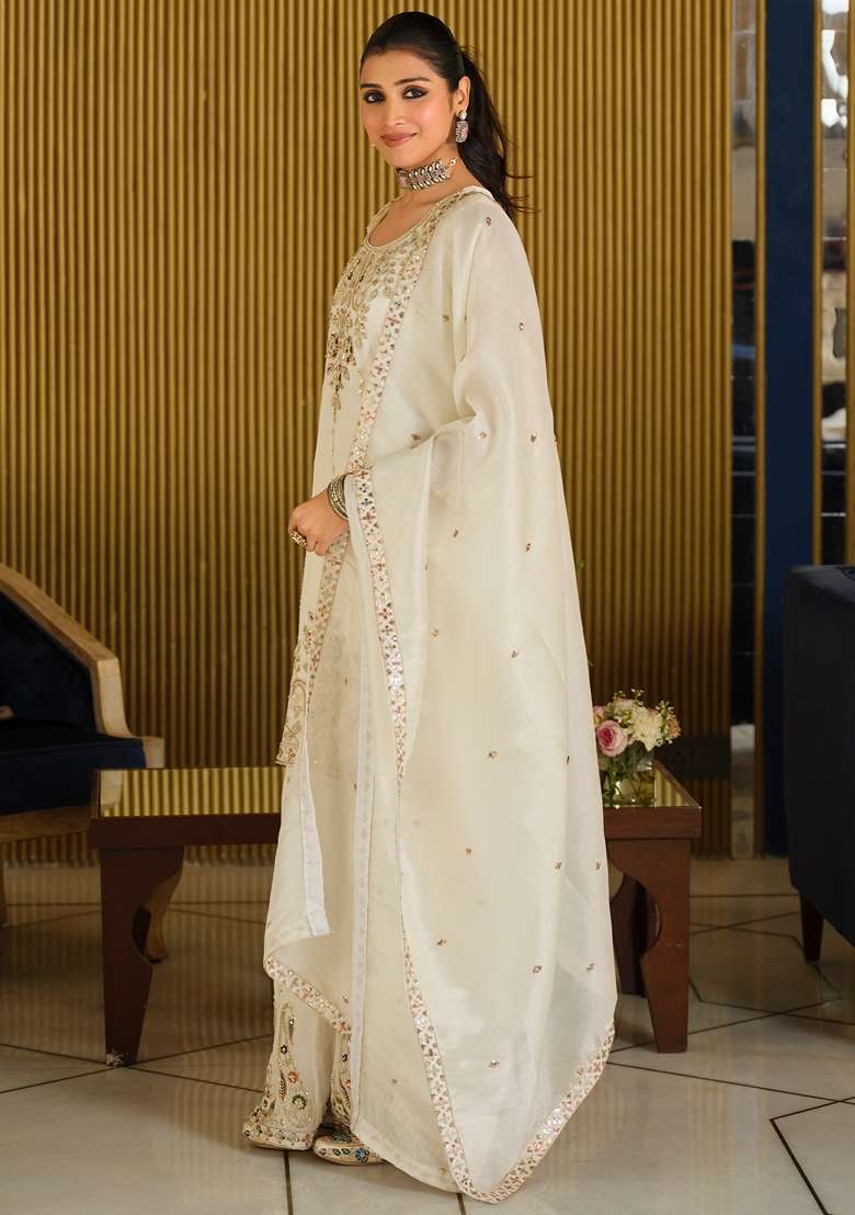 White Embroidered Silk Kurta Set - Indya