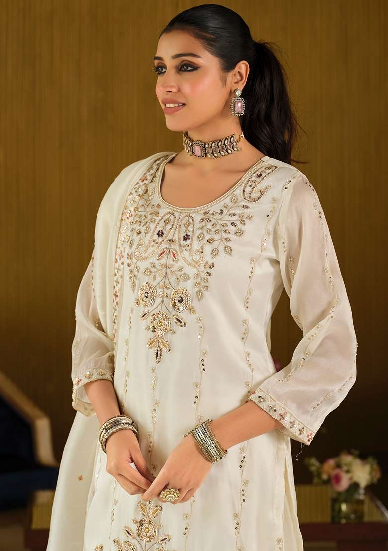 White Embroidered Silk Kurta Set - Indya