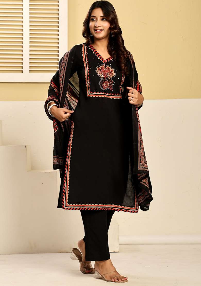 Black Printed Cotton Kurta Set - Indya