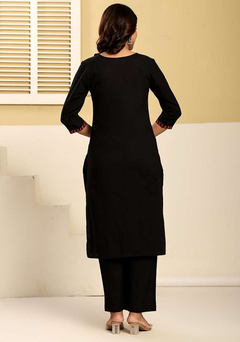 Black Printed Cotton Kurta Set - Indya