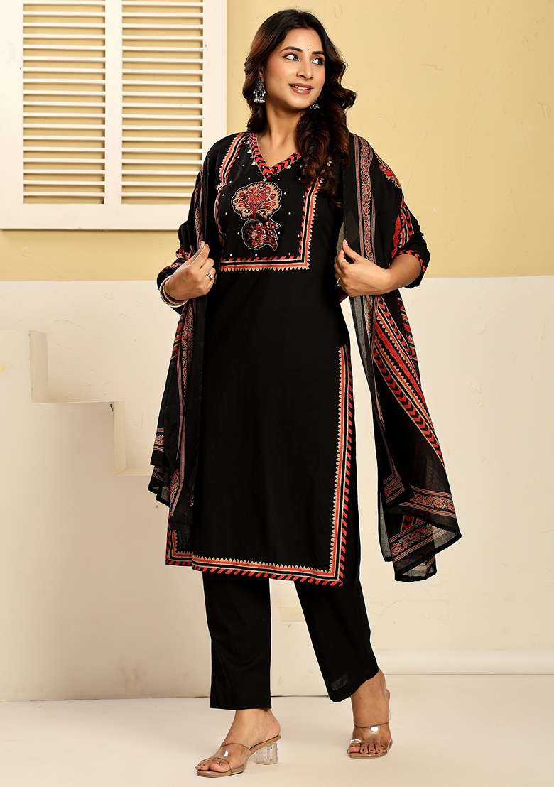 Black Printed Cotton Kurta Set - Indya