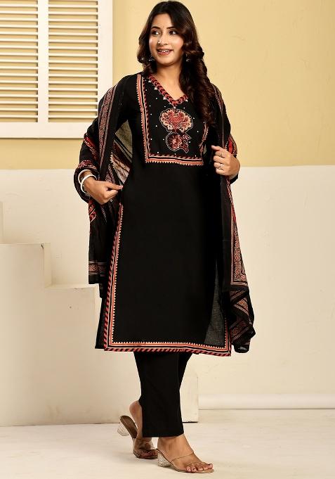 Black Printed Cotton Kurta Set