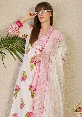 White Printed Cotton Kurta Set