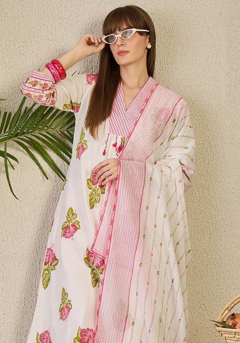 White Printed Cotton Kurta Set