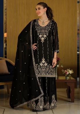 Black Embroidered Silk Kurta Set