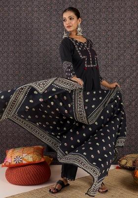 Black Printed Cotton Kurta Set