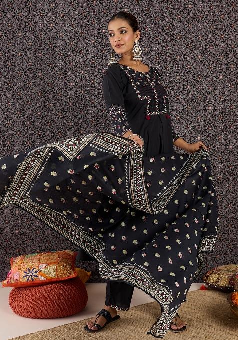 Black Printed Cotton Kurta Set