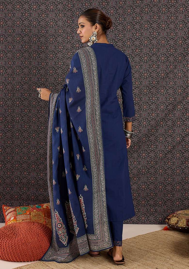 Blue Printed Cotton Kurta Set - Indya