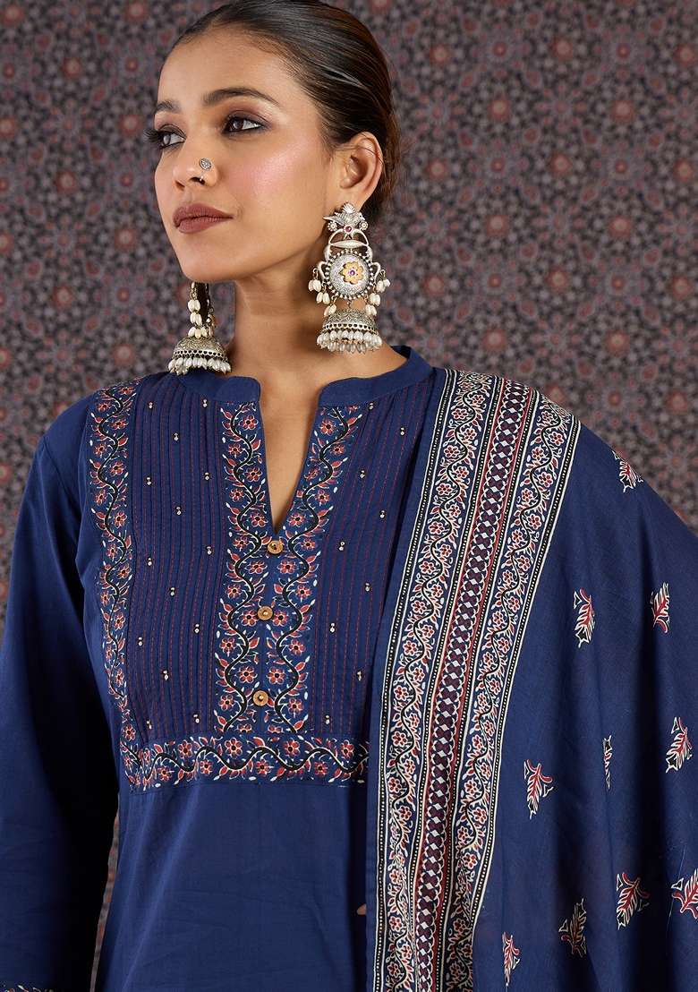 Blue Printed Cotton Kurta Set - Indya