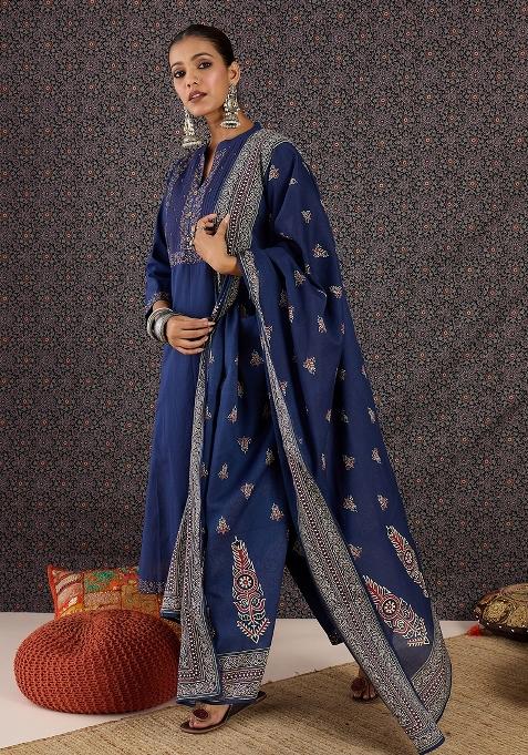 Blue Printed Cotton Kurta Set