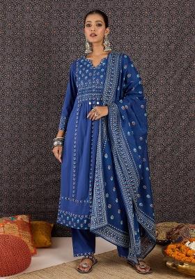 Blue Printed Cotton Kurta Set