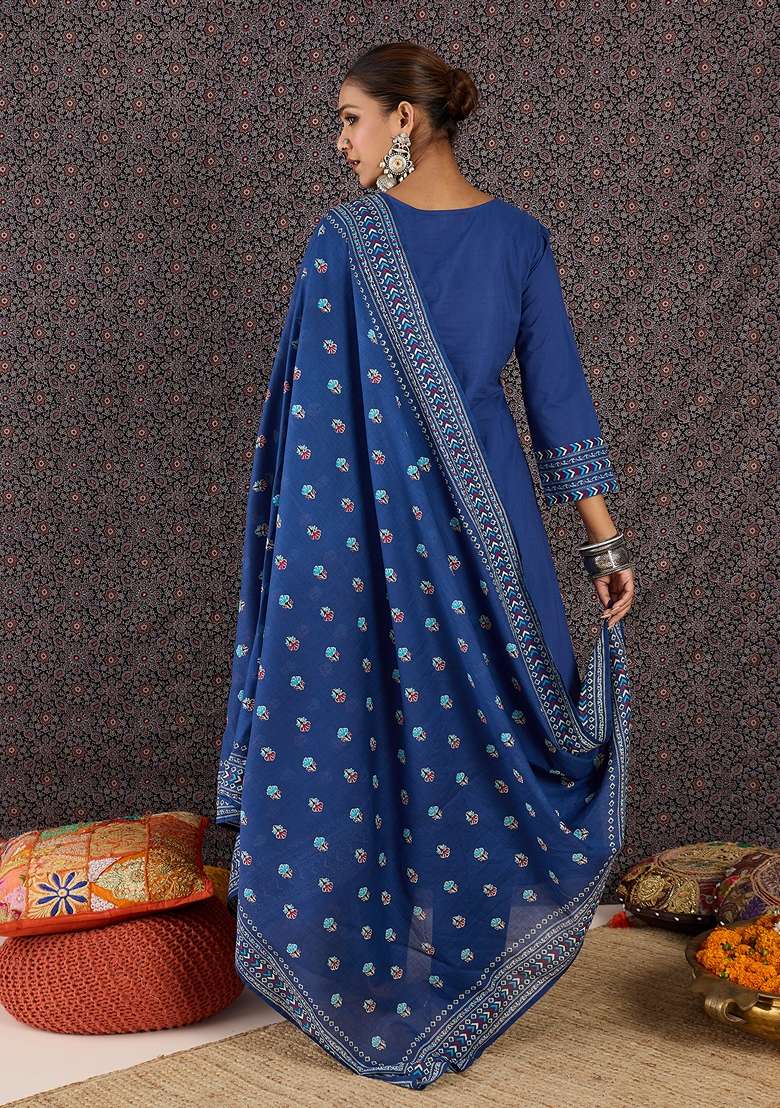 Blue Printed Cotton Kurta Set - Indya