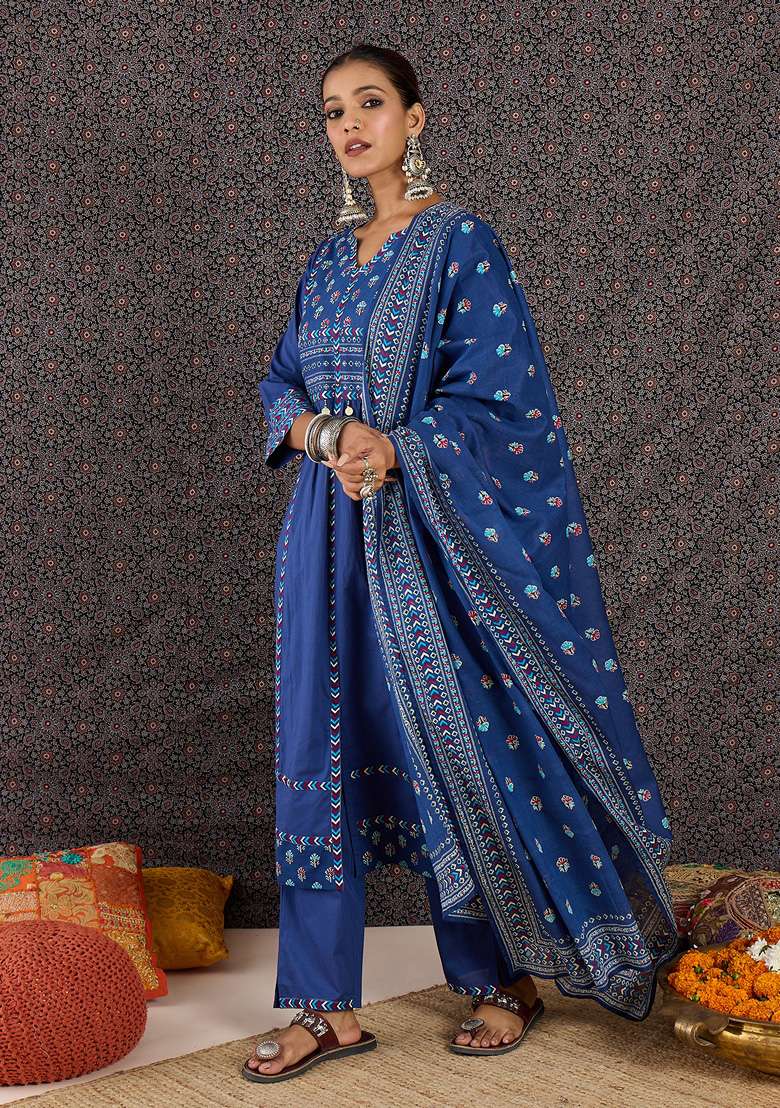 Blue Printed Cotton Kurta Set - Indya