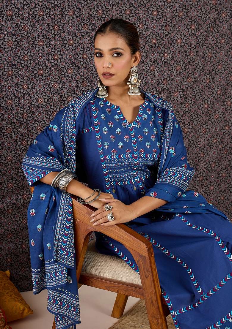Blue Printed Cotton Kurta Set - Indya