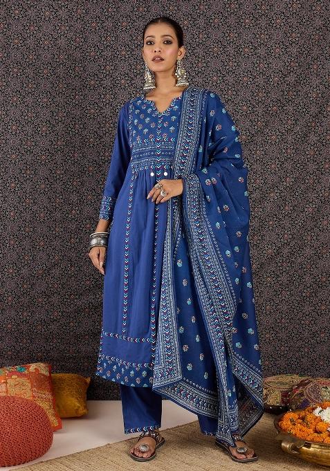Blue Printed Cotton Kurta Set