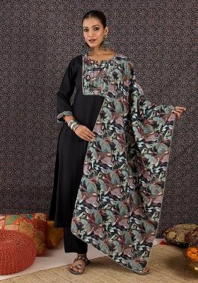 Black Printed Silk Kurta Set
