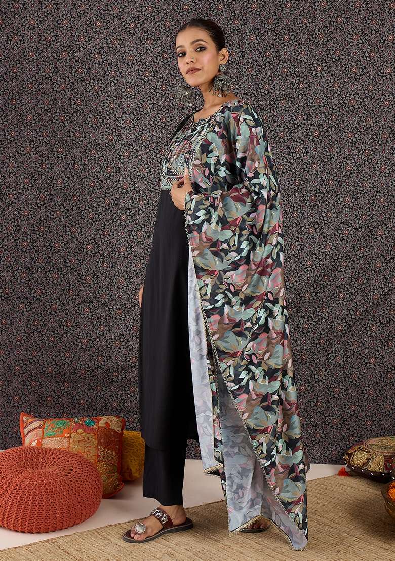 Black Printed Silk Kurta Set - Indya