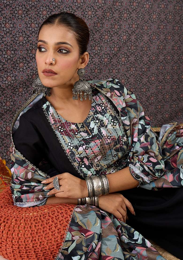 Black Printed Silk Kurta Set - Indya