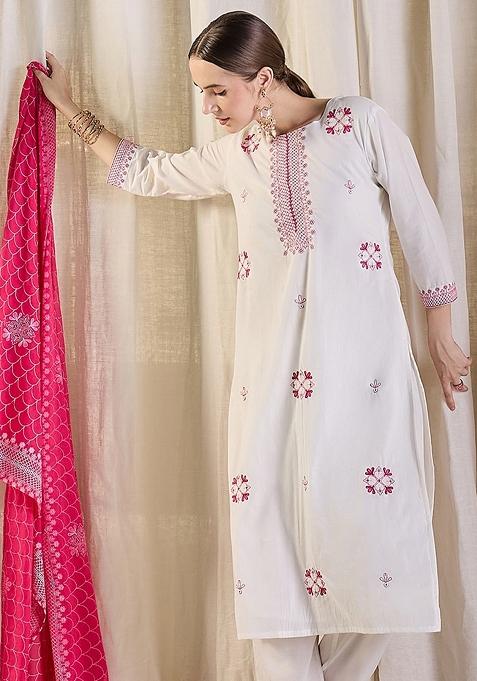 White Embroidered Cotton Kurta Set
