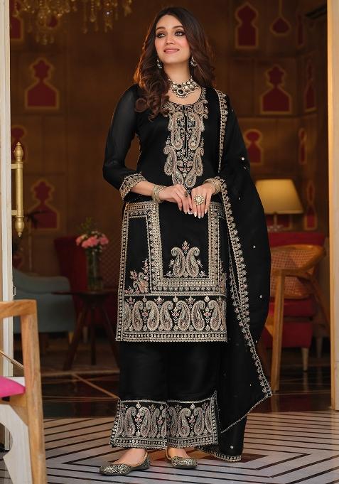 Black Embroidered Silk Kurta Set