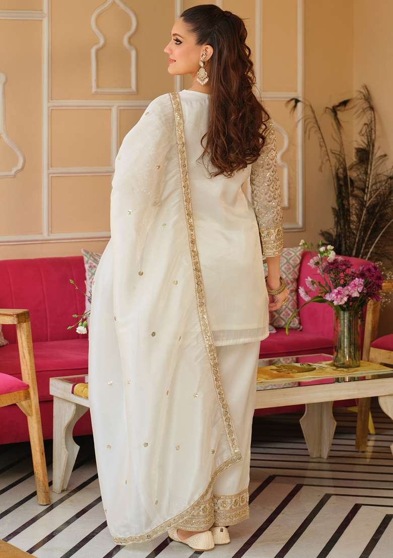 White Embroidered Silk Kurta Set - Indya