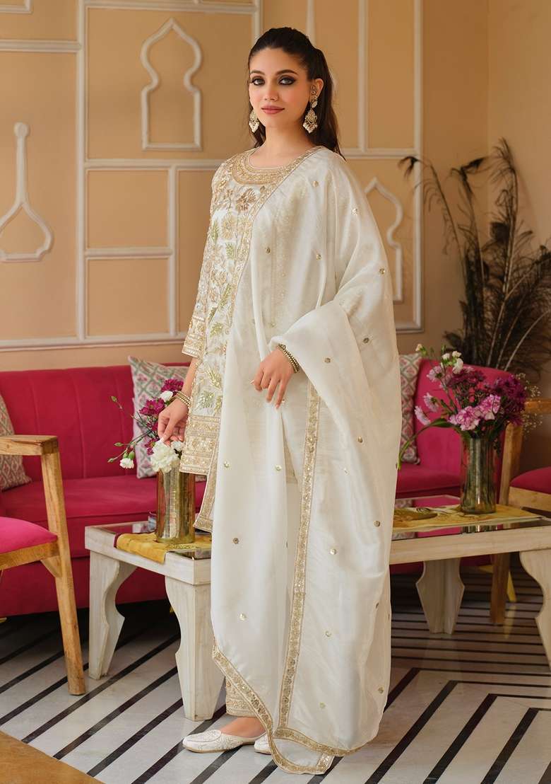 White Embroidered Silk Kurta Set - Indya