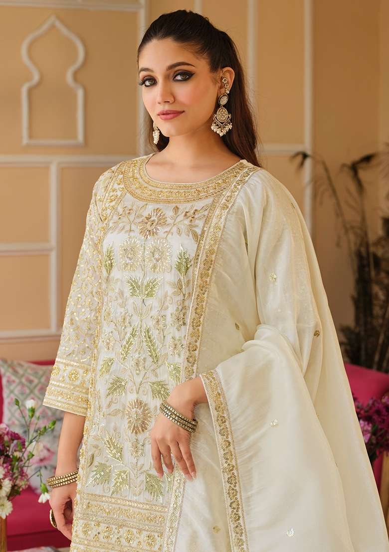 White Embroidered Silk Kurta Set - Indya