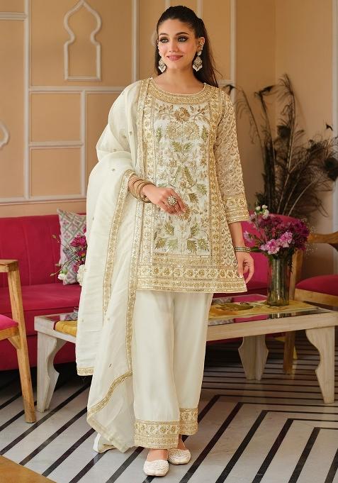 White Embroidered Silk Kurta Set