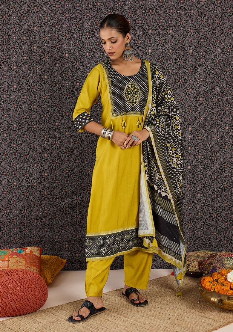 Green Printed Cotton Kurta Set - Indya