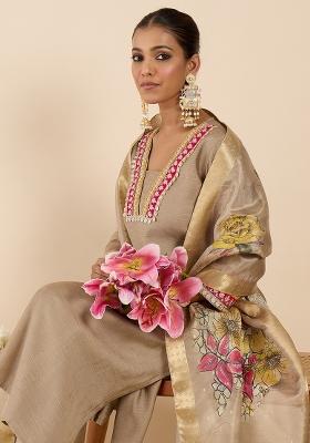 Beige Embroidered Silk Kurta Set