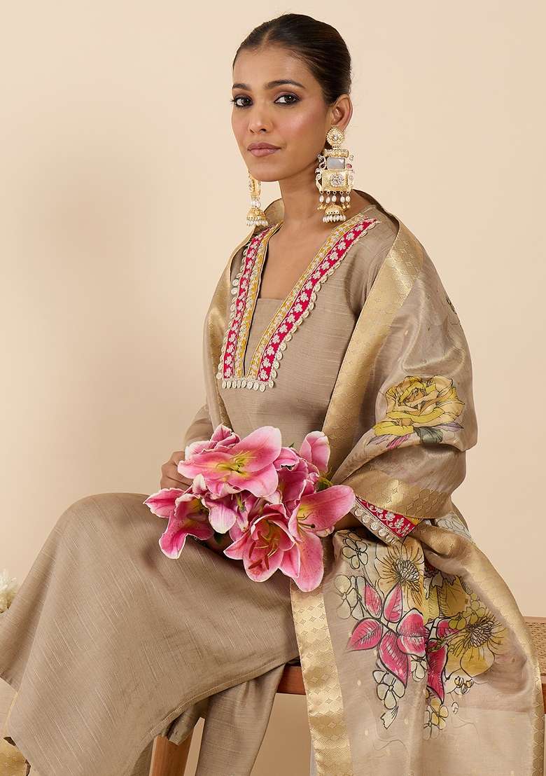 Beige Embroidered Silk Kurta Set - Indya