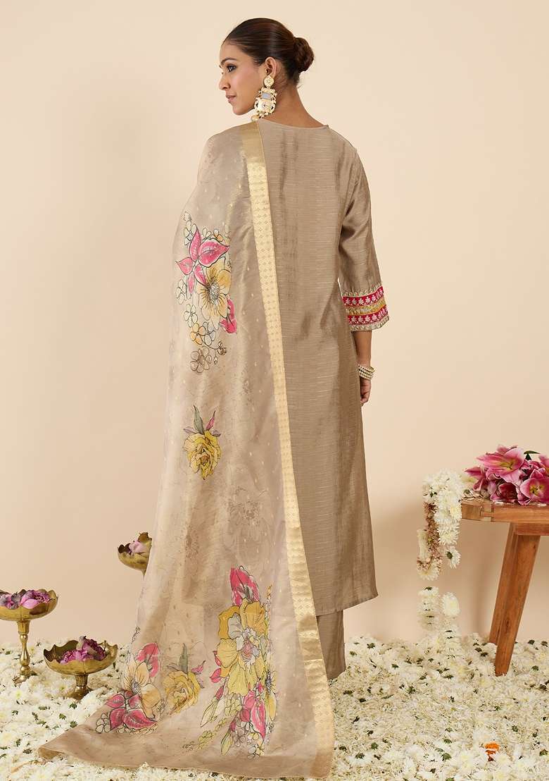 Beige Embroidered Silk Kurta Set - Indya