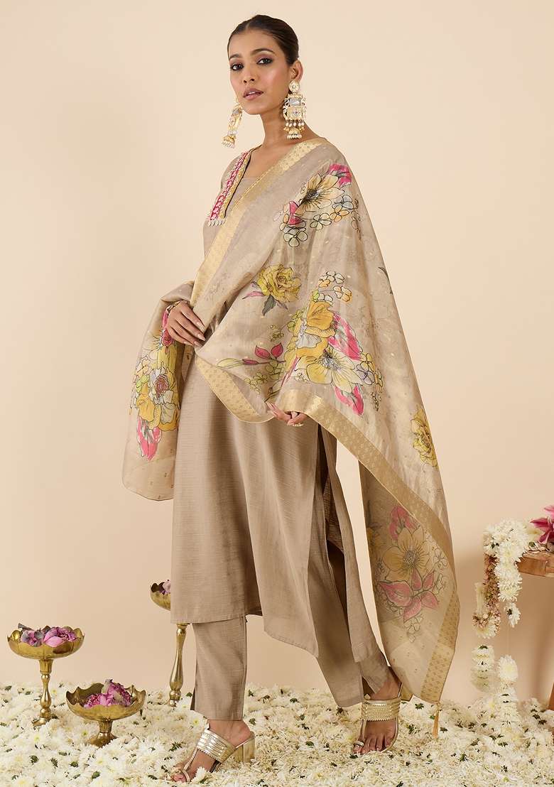 Beige Embroidered Silk Kurta Set - Indya