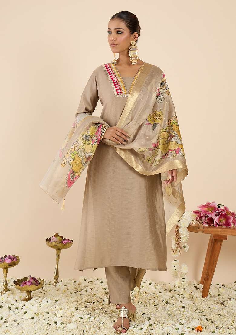 Beige Embroidered Silk Kurta Set - Indya