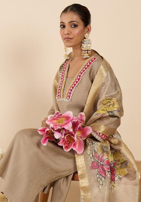 Beige Embroidered Silk Kurta Set