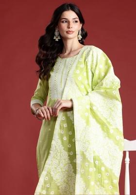 Green Woven Design Silk Kurta Set