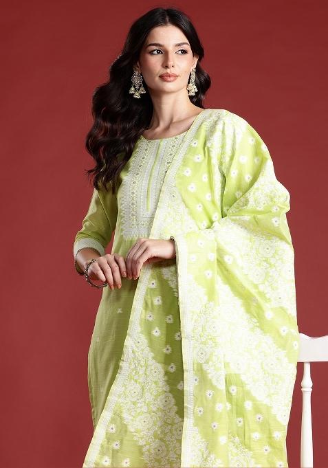 Green Woven Design Silk Kurta Set