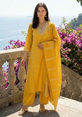 Yellow Embroidered Silk Kurta Set
