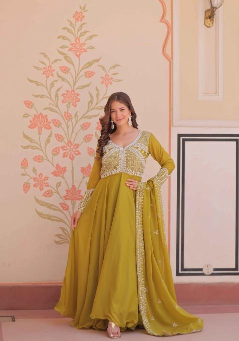 Parrot Sequin Work Georgette Anarkali With Dupatta