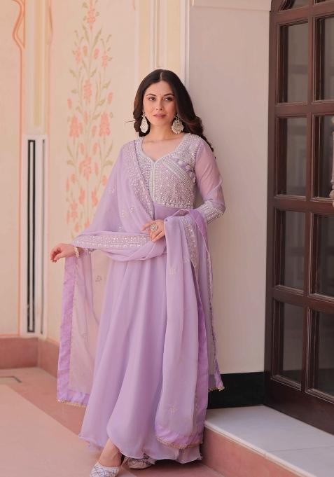 Purple Sequin Work Georgette Anarkali With Dupatta