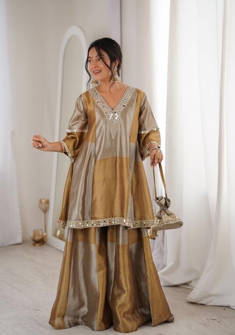 Brown Embroidered Tissue Anarkali Set