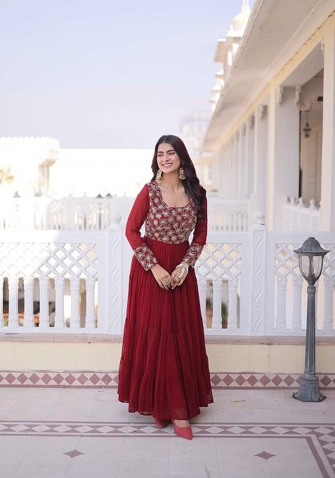 Maroon Sequin Work Faux Blooming Anarkali