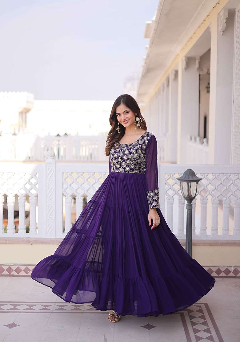 Purple Sequin Work Faux Blooming Anarkali - Indya