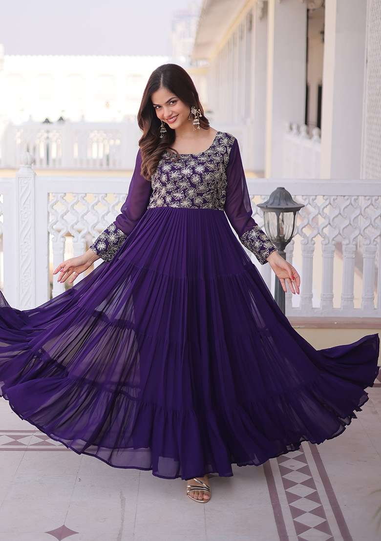 Purple Sequin Work Faux Blooming Anarkali - Indya