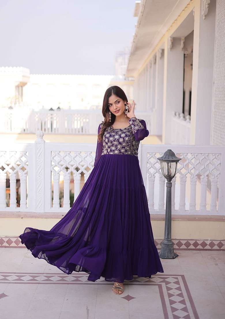 Purple Sequin Work Faux Blooming Anarkali - Indya